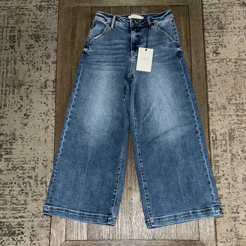 VICI Drew Cropped Wide Leg Jeans Dark Blue